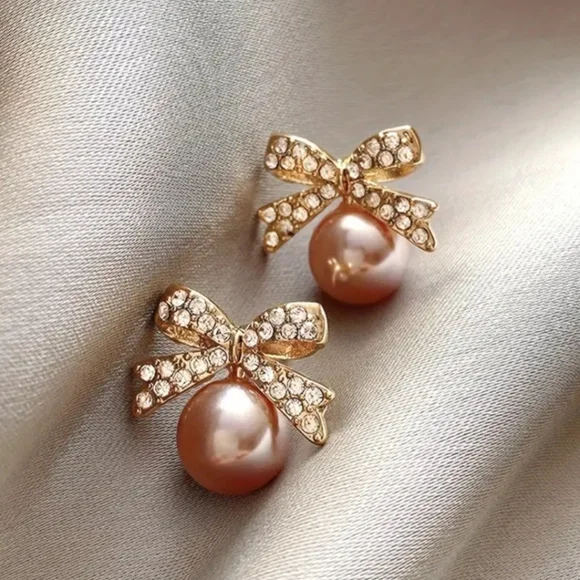 Pearl and Rhinestone Bow Stud Earrings Rose - Picture 2 of 5